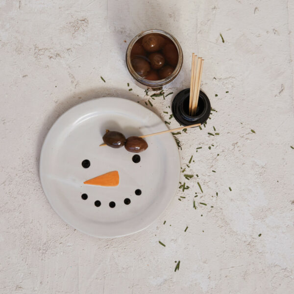 Embossed Stoneware Snowman Plate w/ Hat Toothpick Holder - Image 2